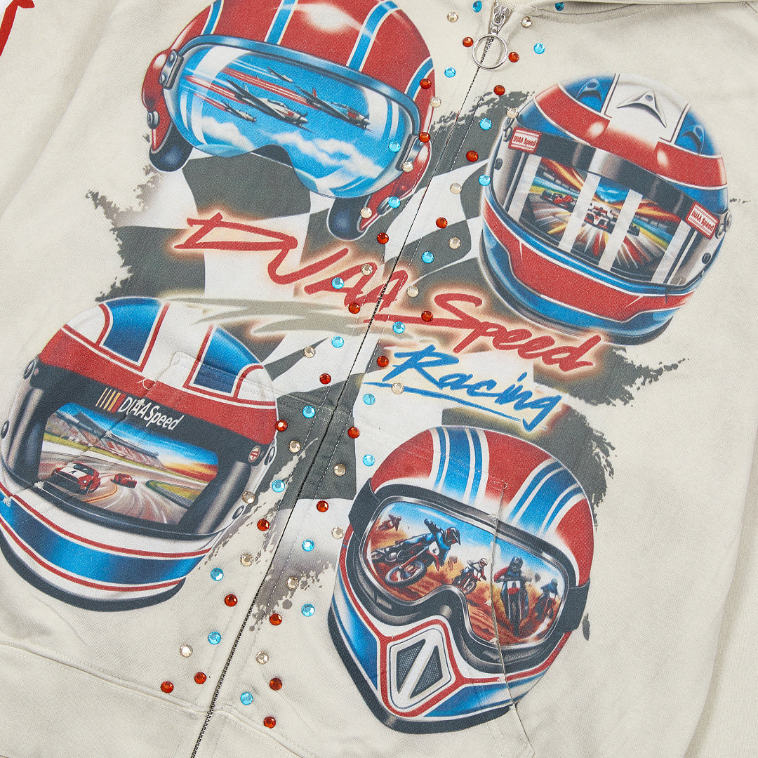 Off‑White Vintage Racing Helmet Graphic Oversized Zip‑Up Hoodie