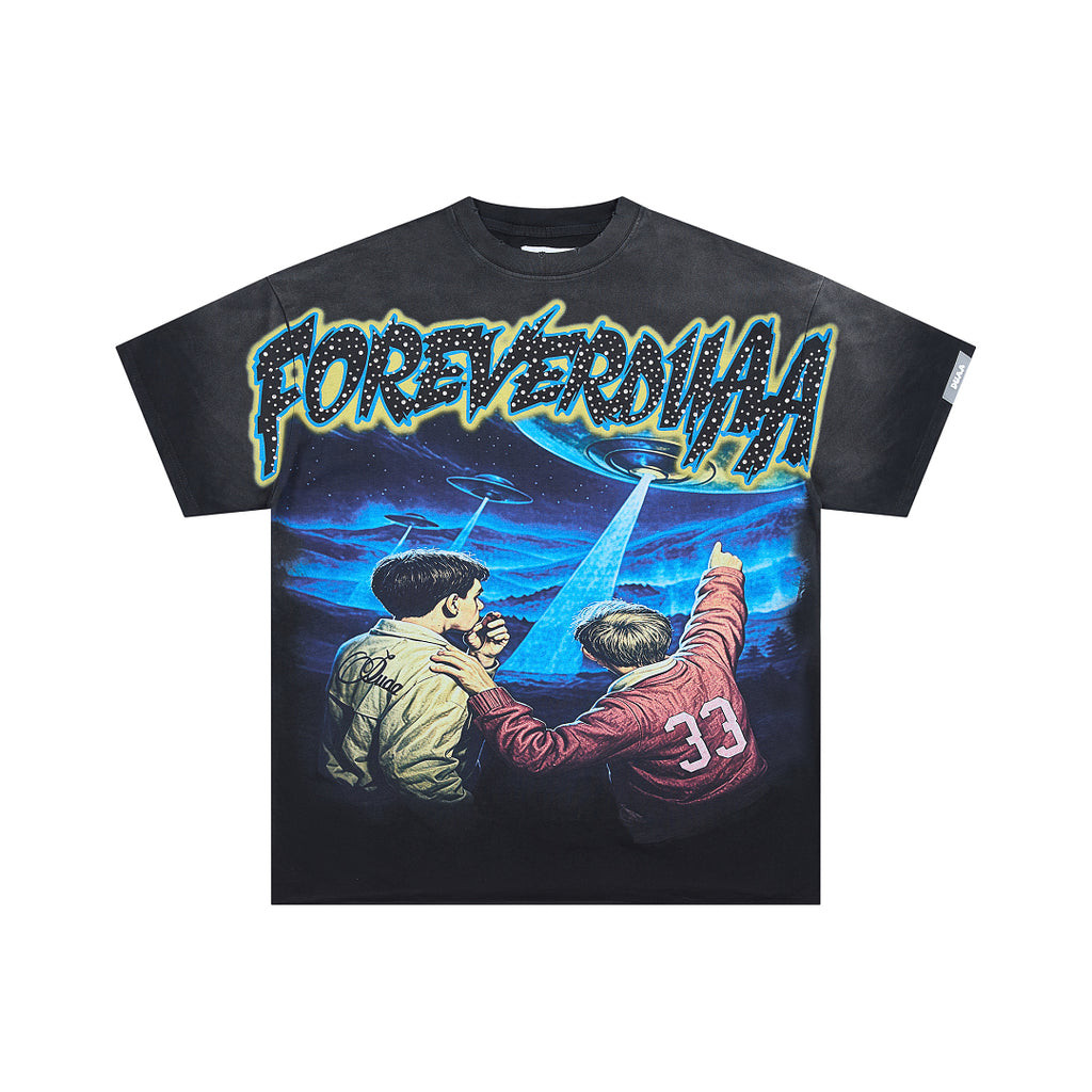 Black Vintage Night Scene Figure Graphic Oversized T‑Shirt