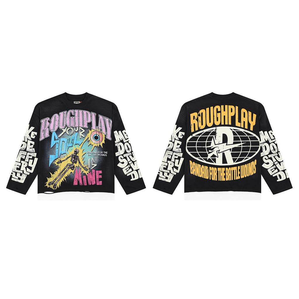 Roughplay Retro Rock Art Graphic Long Sleeve Tee Men Oversized Streetwear Top