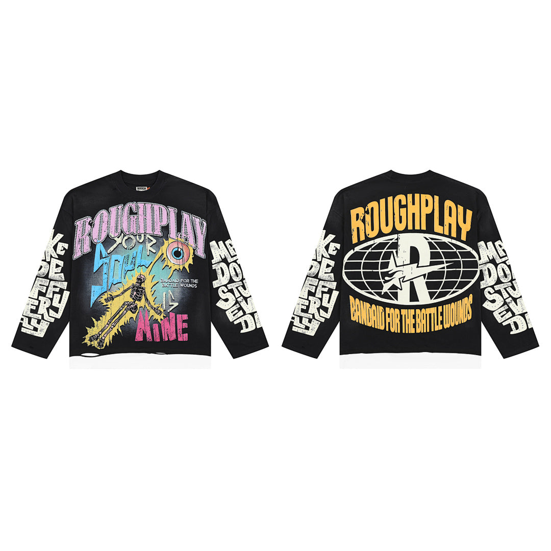 Roughplay Retro Rock Art Graphic Long Sleeve Tee Men Oversized Streetwear Top