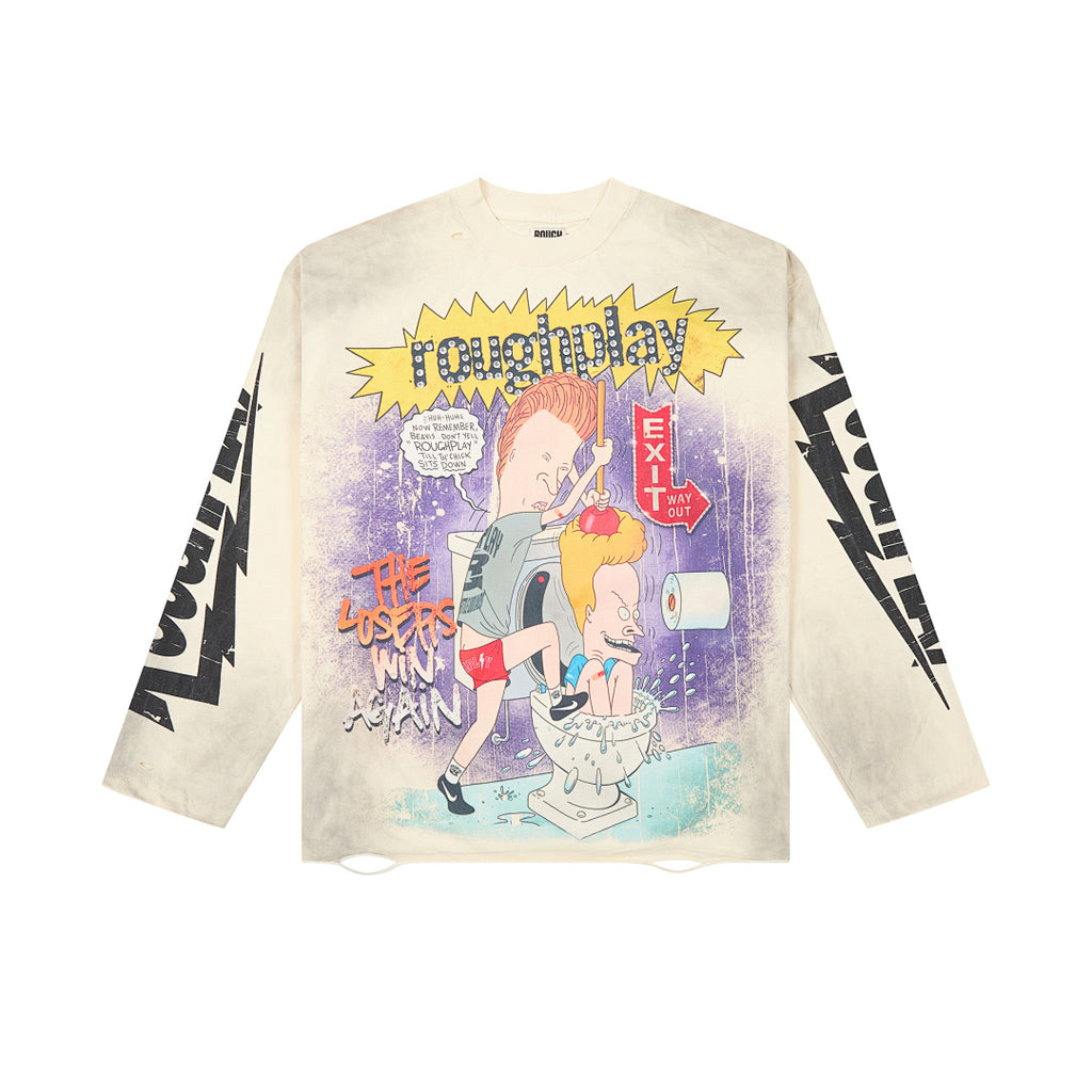 Roughplay Vintage Comic Graphic Long Sleeve Tee Men Oversized Streetwear Top