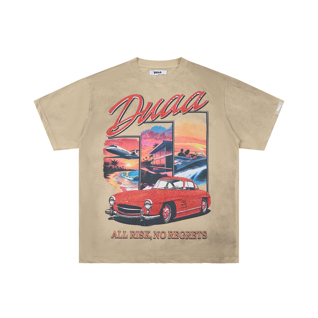 Khaki Washed Vintage Red Classic Car DUAA Graphic Oversized T‑Shirt