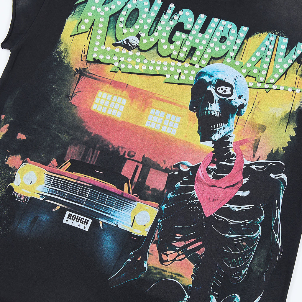 Black Skeleton Portrait Graphic Oversized Tee Roughplay Streetwear Short Sleeve T‑Shirt