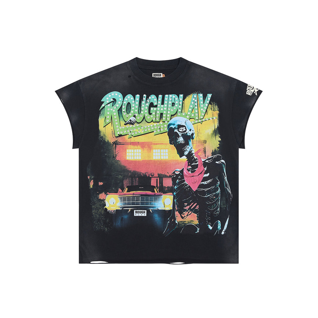 Black Skeleton Portrait Graphic Oversized Tee Roughplay Streetwear Short Sleeve T‑Shirt