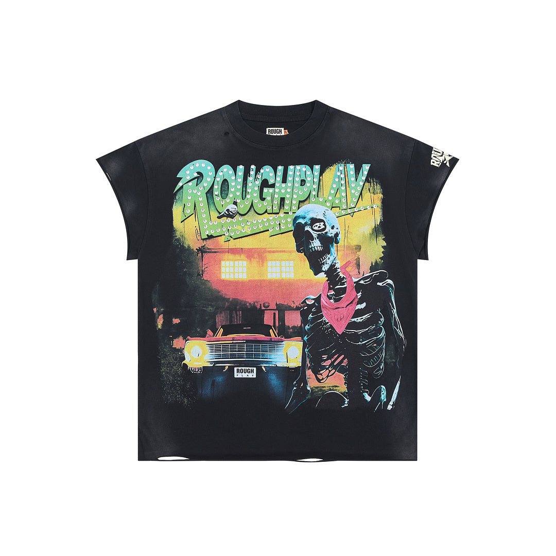 Black Skeleton Portrait Graphic Oversized Tee Roughplay Streetwear Short Sleeve T‑Shirt