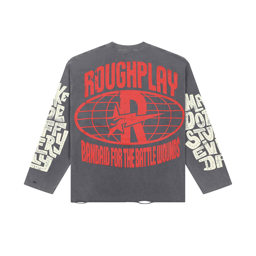 Roughplay Vintage Retro Poster Graphic Long Sleeve Tee Men Oversized Streetwear Top