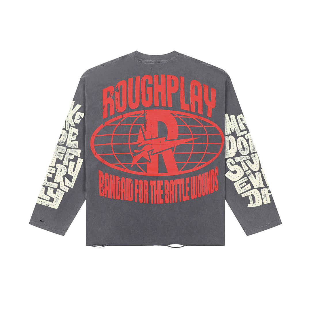 Roughplay Vintage Retro Poster Graphic Long Sleeve Tee Men Oversized Streetwear Top
