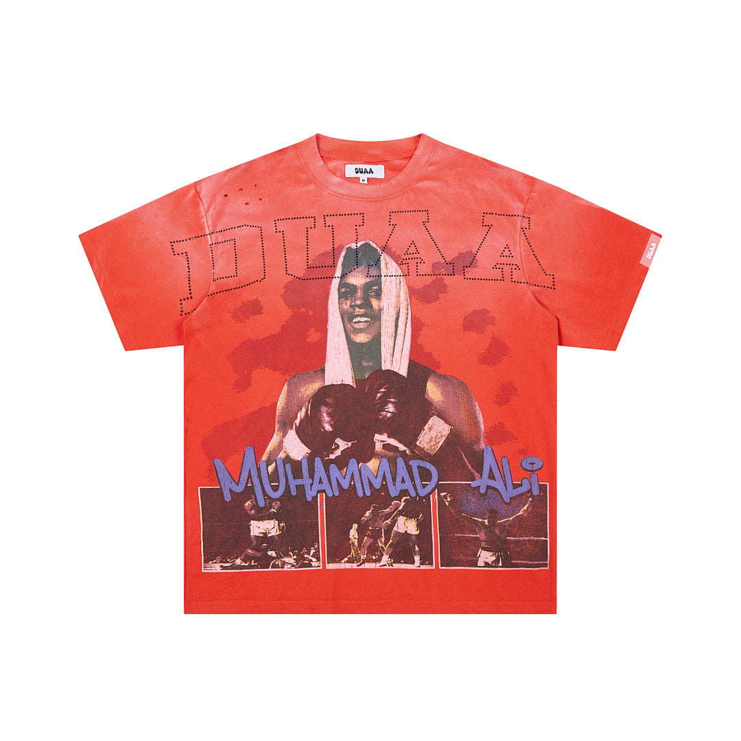 Red Vintage Muhammad Ali Boxing Portrait Graphic Oversized T‑Shirt
