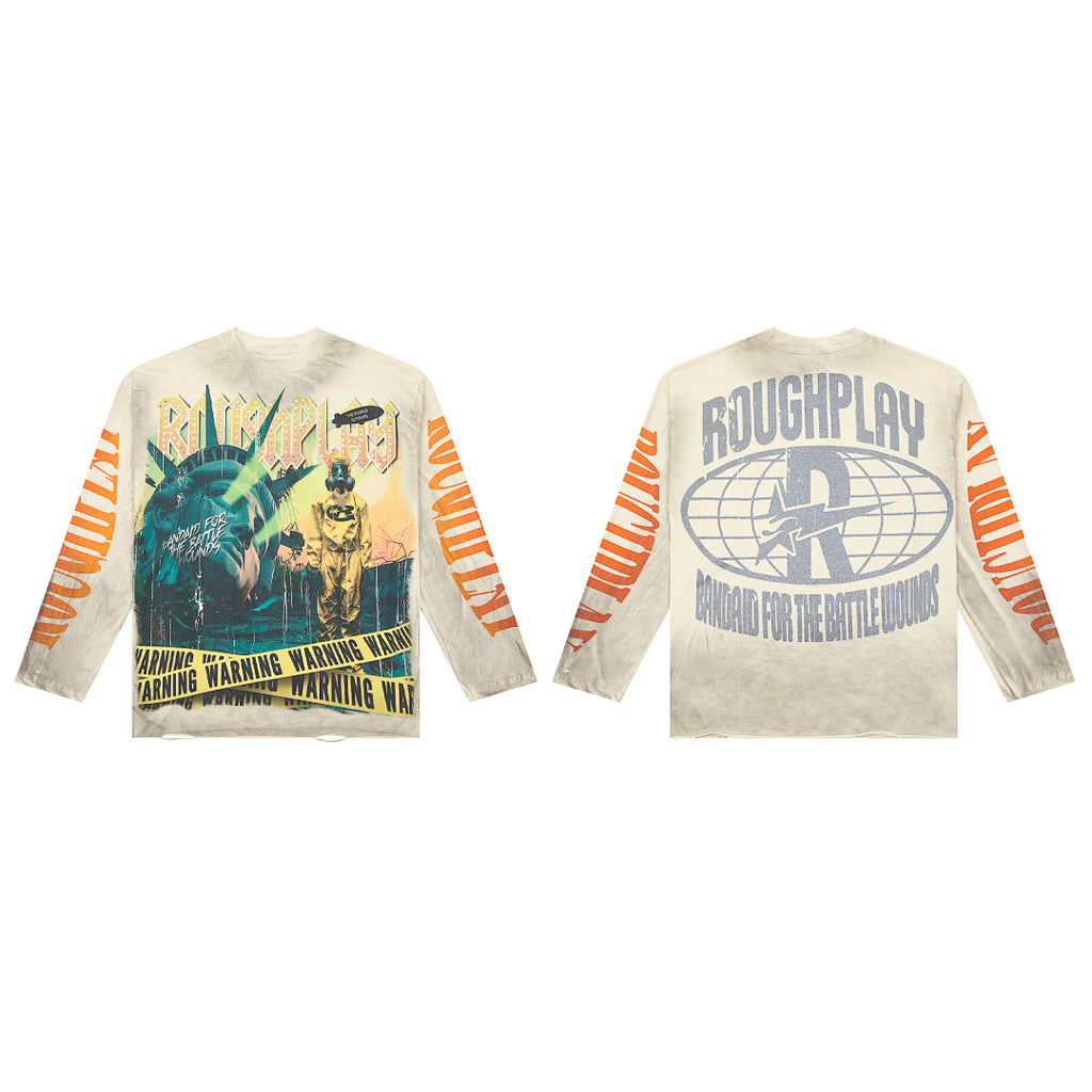 Vintage Washed Statue Of Liberty Graphic Long Sleeve Tee Roughplay Streetwear Oversized T‑Shirt