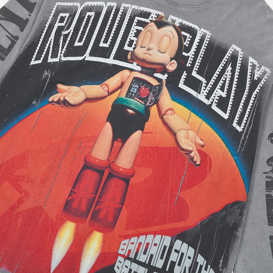 Grey Vintage Superhero Graphic Long Sleeve Tee Roughplay Oversized Streetwear T‑Shirt