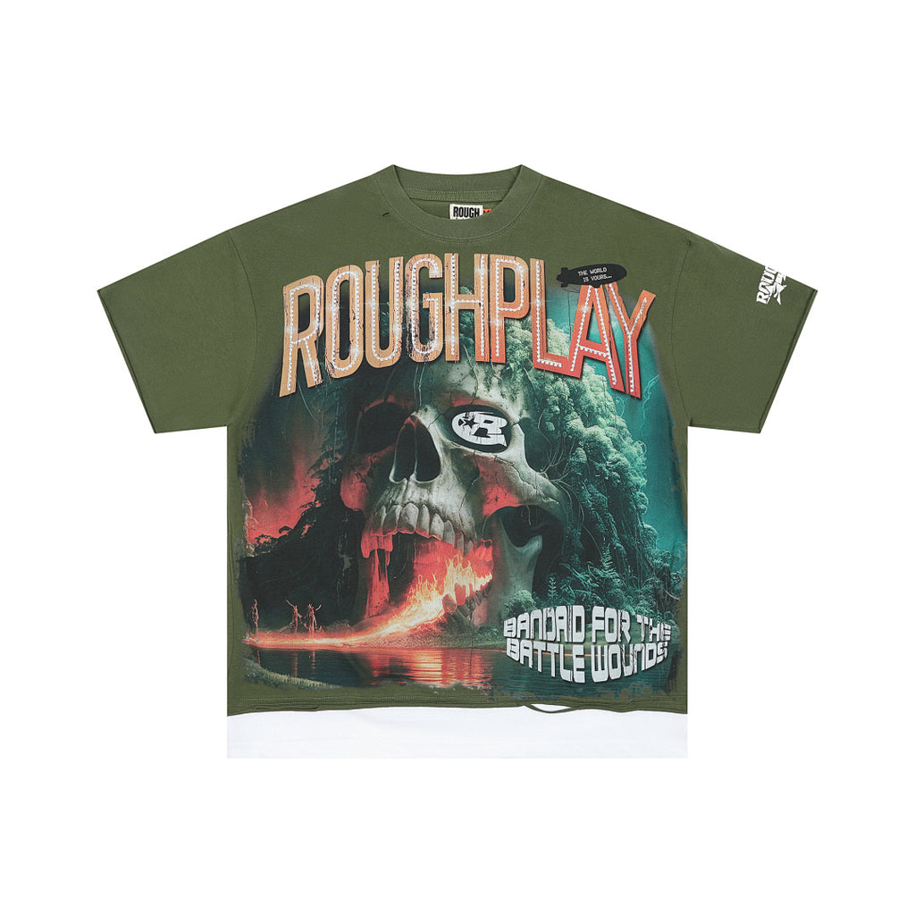 Roughplay Olive Green Skull Graphic Short Sleeve Tee Men Oversized Streetwear T‑Shirt