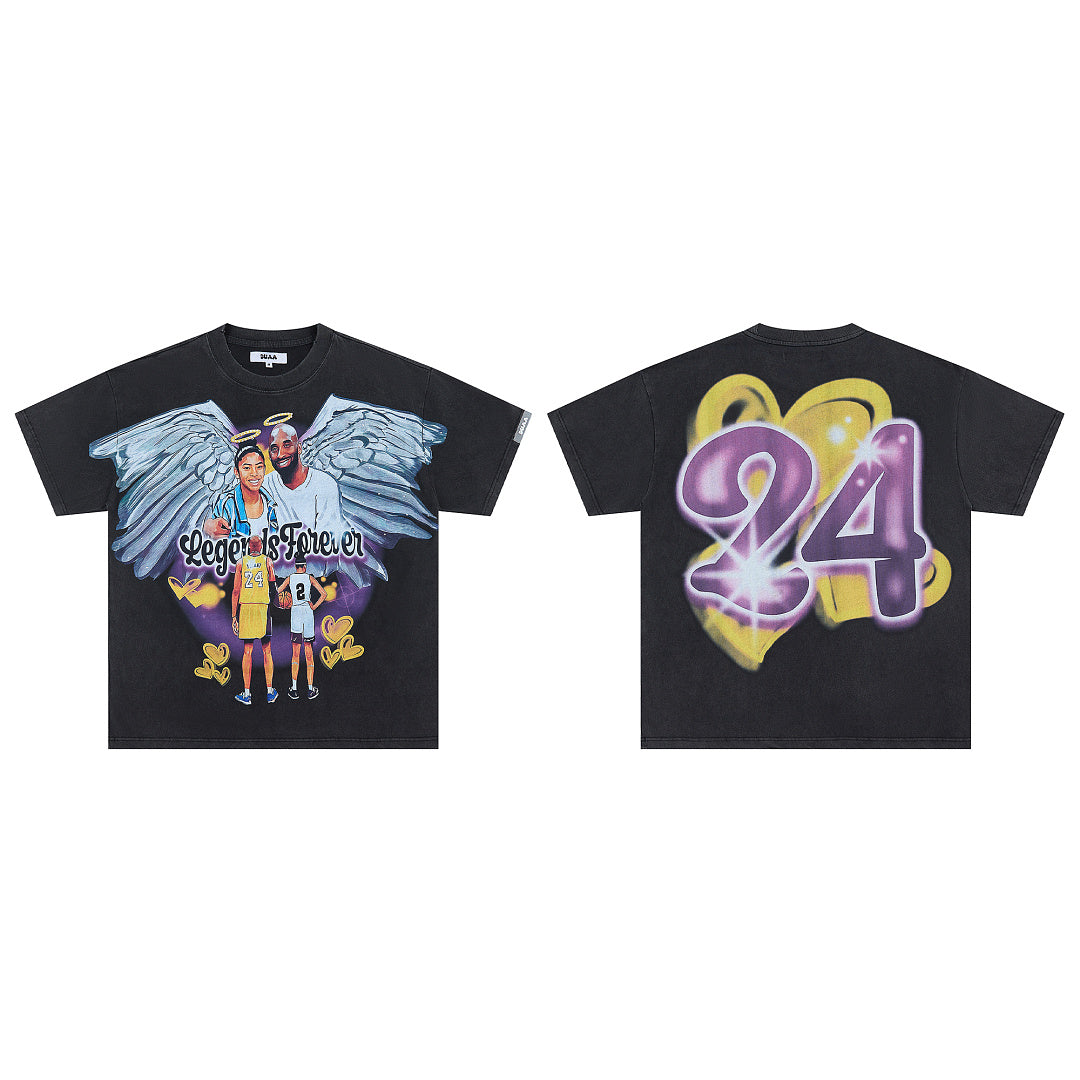 Black Vintage 24 Angel Portrait Graphic Oversized T‑Shirt