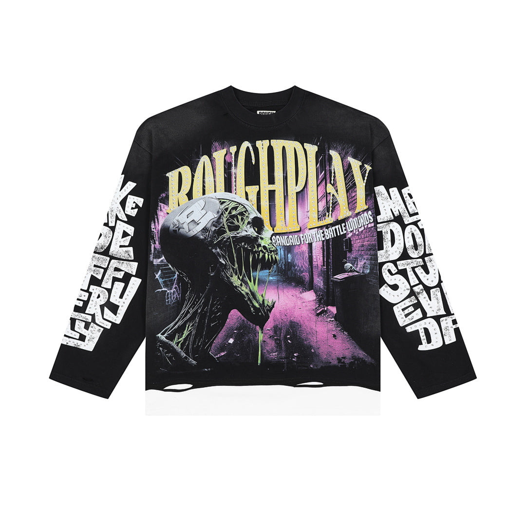 Roughplay Alien Monster Graphic Long Sleeve Tee Men Oversized Streetwear Top