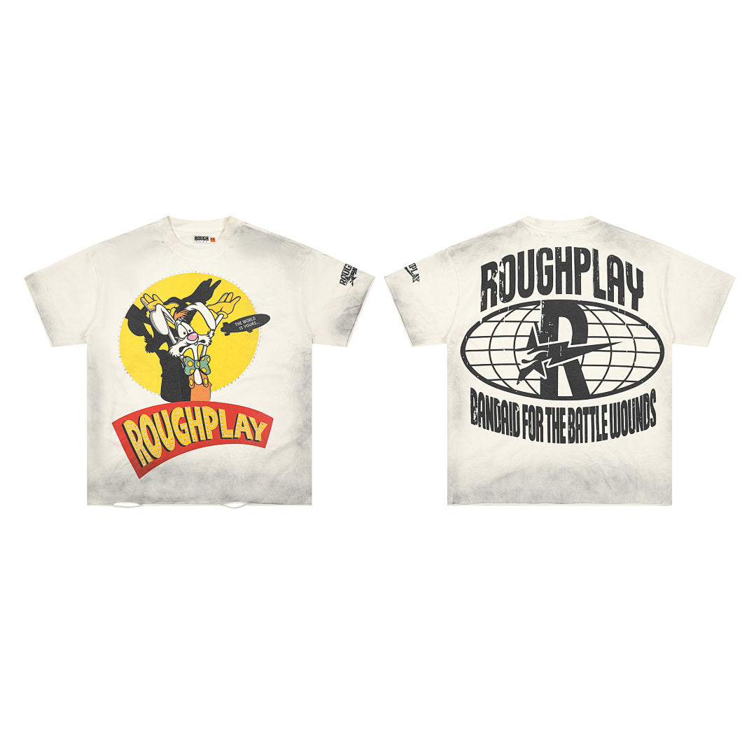 Roughplay Vintage Cartoon Graphic Short Sleeve Tee Men Oversized Streetwear T‑Shirt
