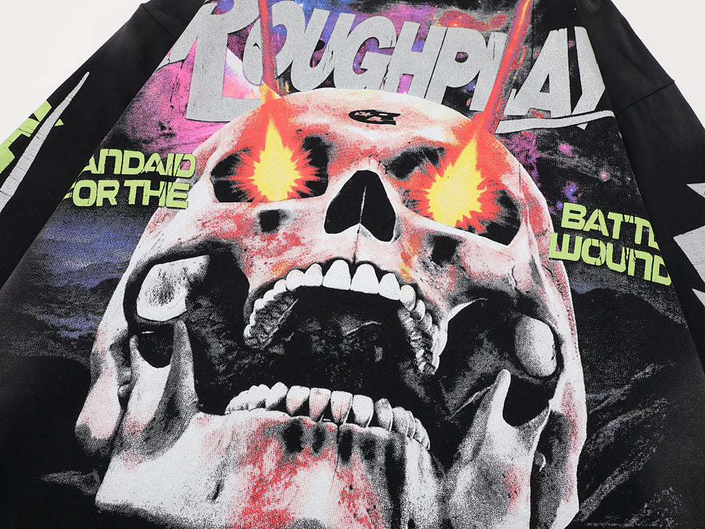 Roughplay Fire Skull Graphic Long Sleeve Tee Men Oversized Streetwear Top