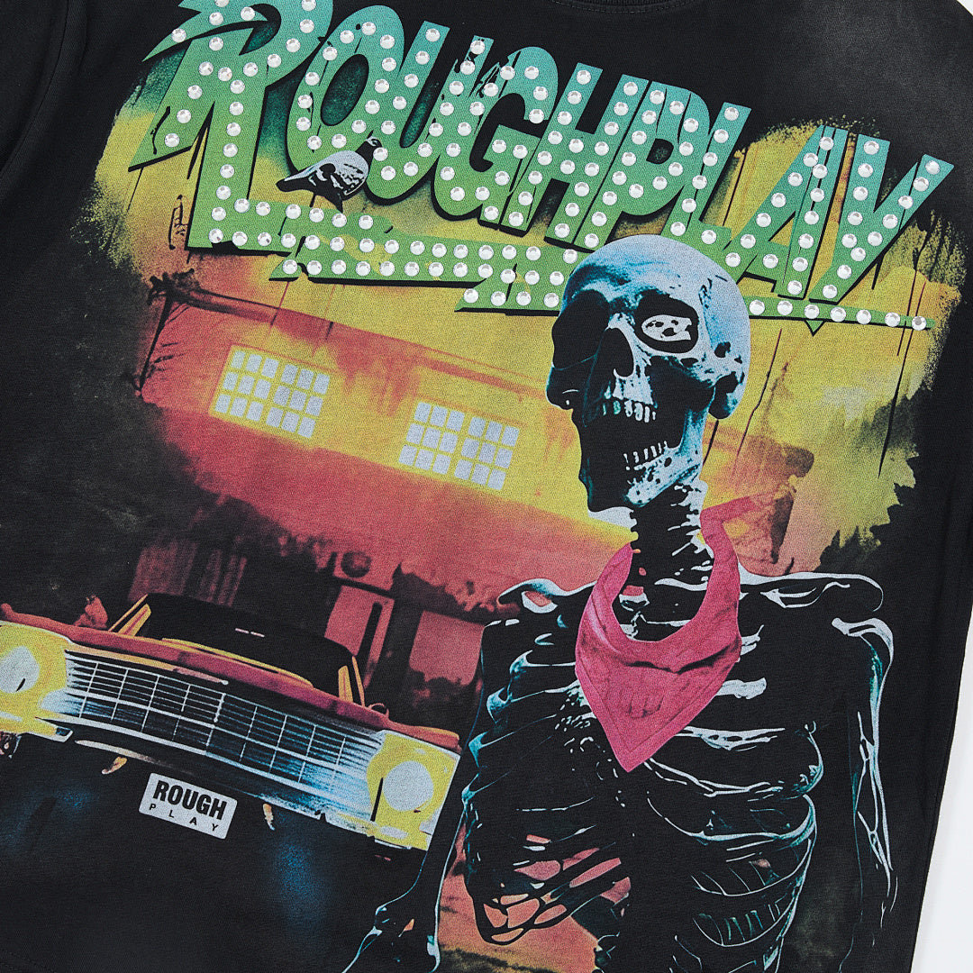 Black Dual‑Sided Skeleton Portrait Graphic Oversized Tee Roughplay Streetwear T‑Shirt