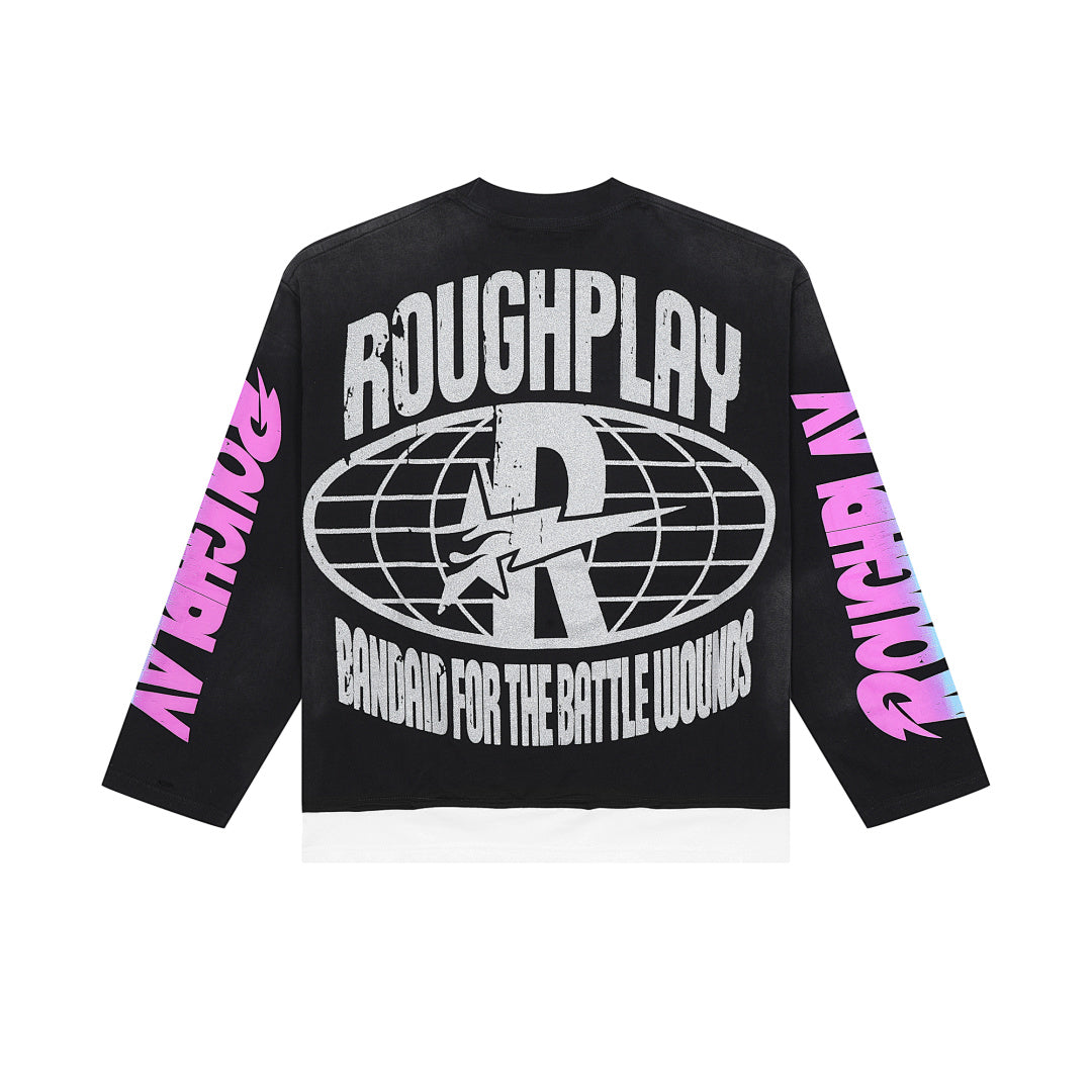 Roughplay Retro Warrior Art Graphic Long Sleeve Tee Men Oversized Streetwear Top