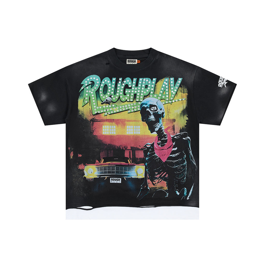 Black Dual‑Sided Skeleton Portrait Graphic Oversized Tee Roughplay Streetwear T‑Shirt