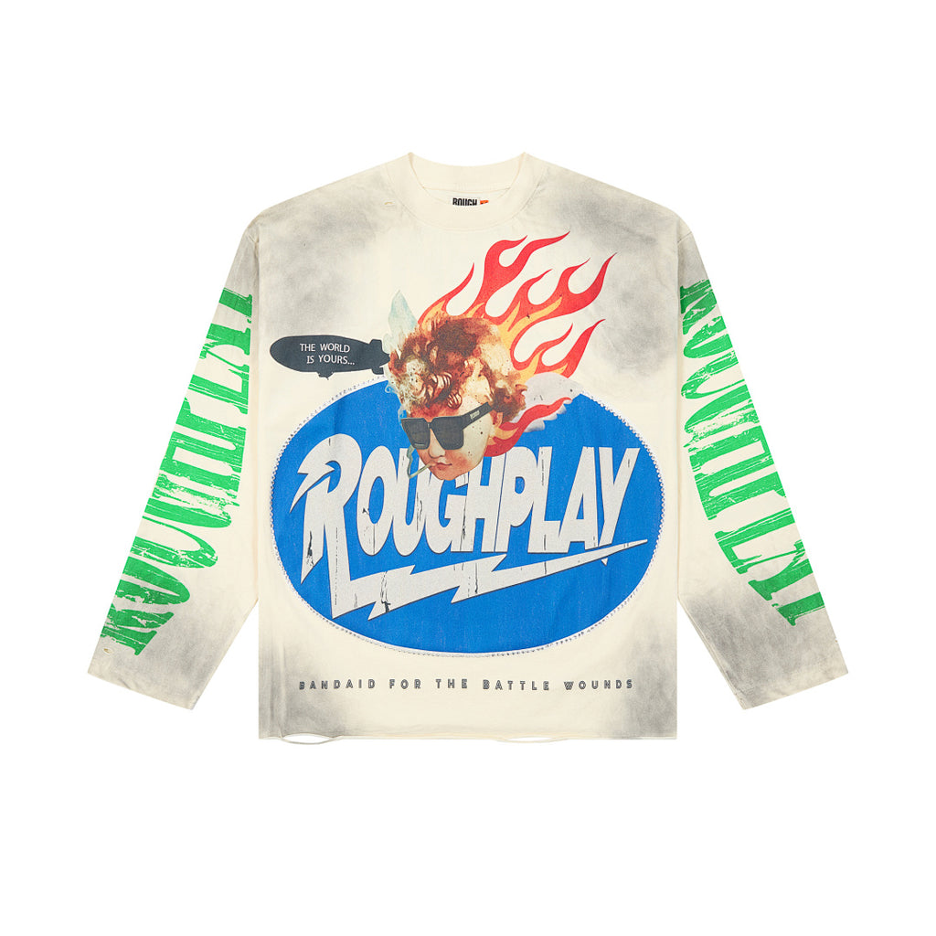 Roughplay Vintage Wash Flame Graphic Long Sleeve Tee Men Oversized Streetwear Top