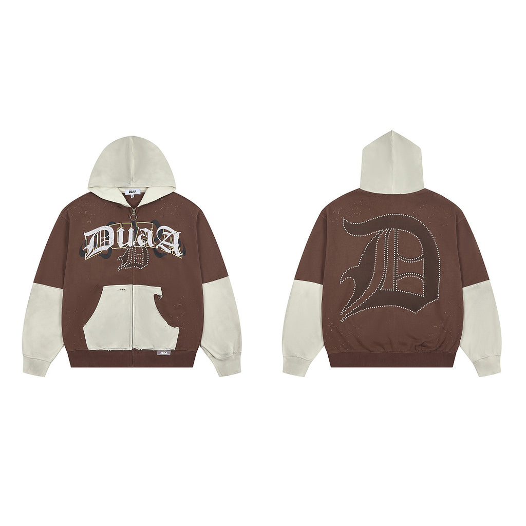 Brown‑Beige Color Block Gothic Letter Oversized Zip‑Up Hoodie