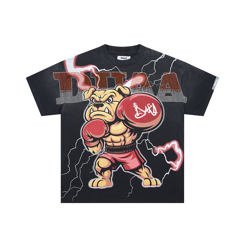 Black Vintage Boxing Bulldog Graphic Oversized T‑Shirt