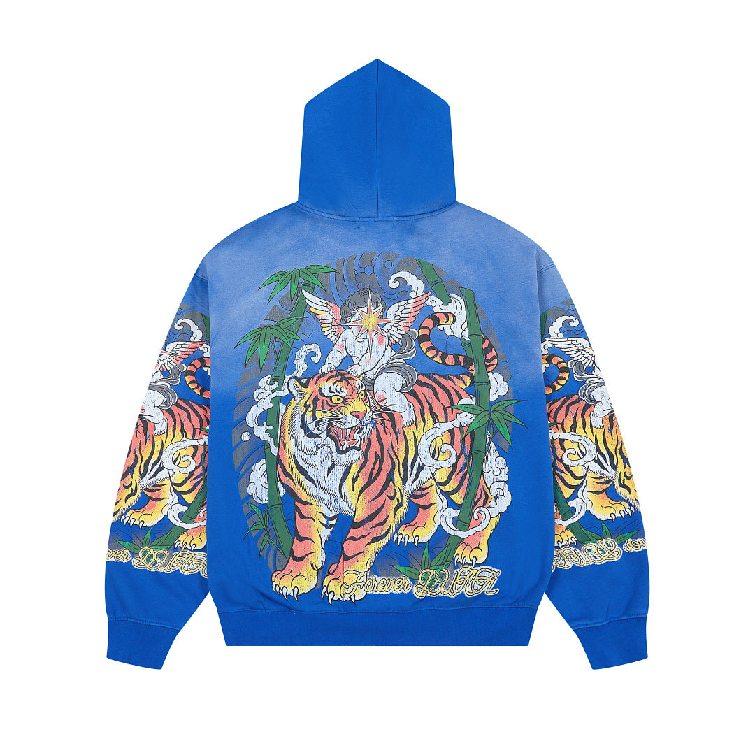Blue Vintage Tiger & Angel Graphic Oversized Zip‑Up Hoodie