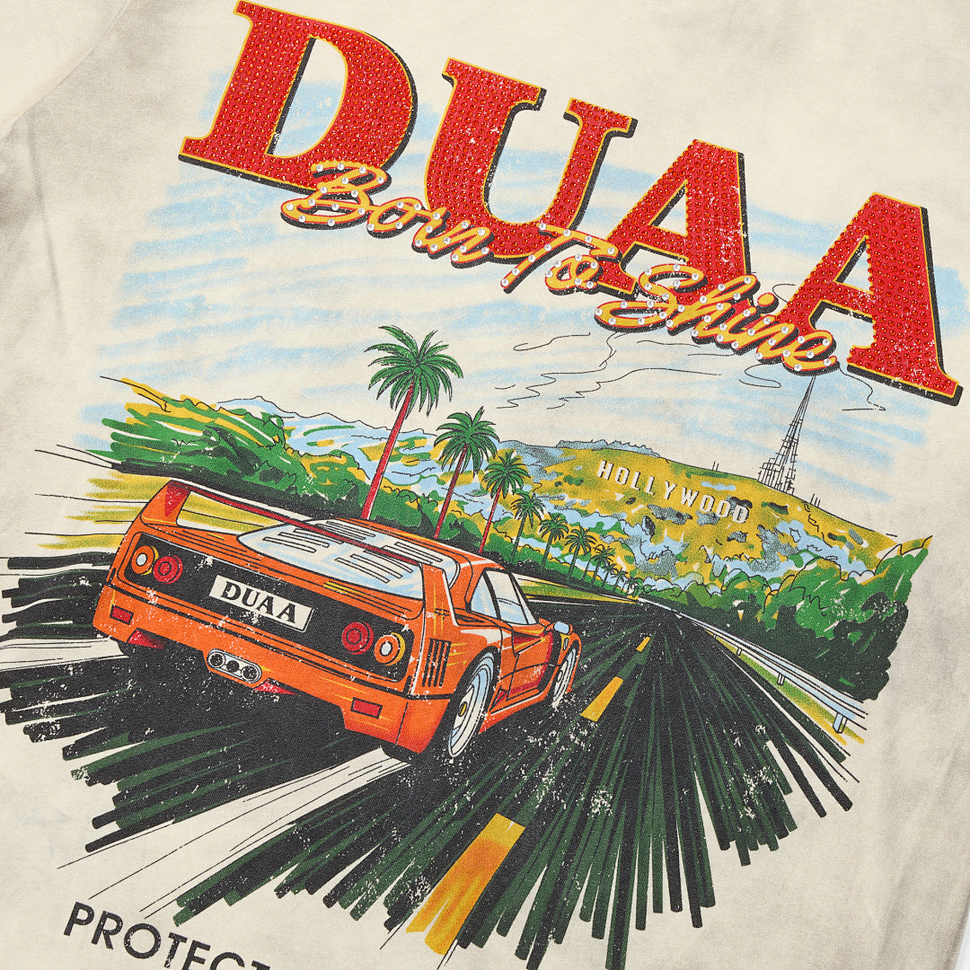 Off‑White Washed Vintage Highway Car DUAA Graphic Oversized T‑Shirt