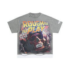 Vintage Washed Grey Skull Globe Graphic Oversized T‑Shirt