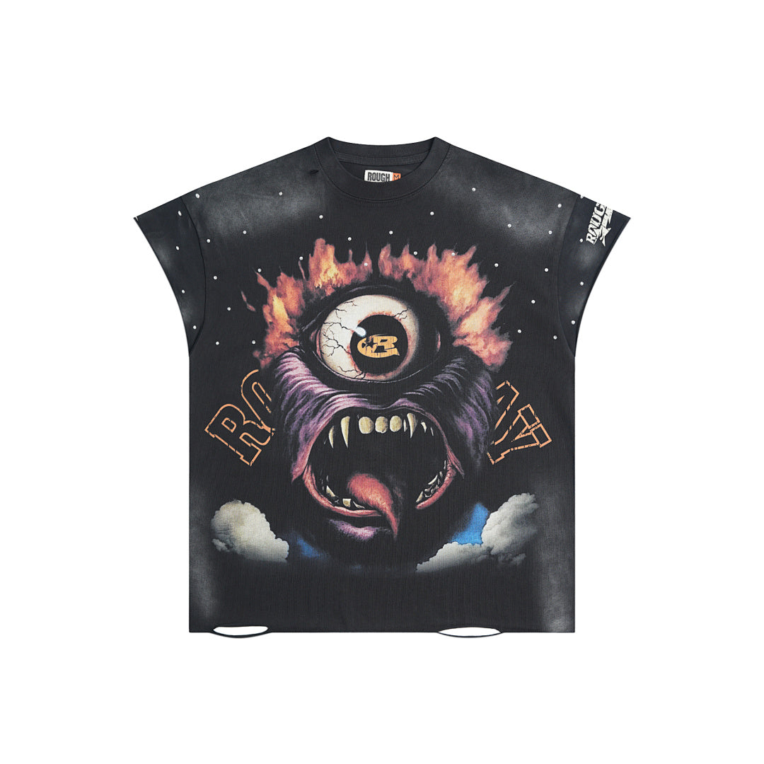 Roughplay Monster Eye Graphic Short Sleeve Tee Men Oversized Vintage Streetwear T‑Shirt