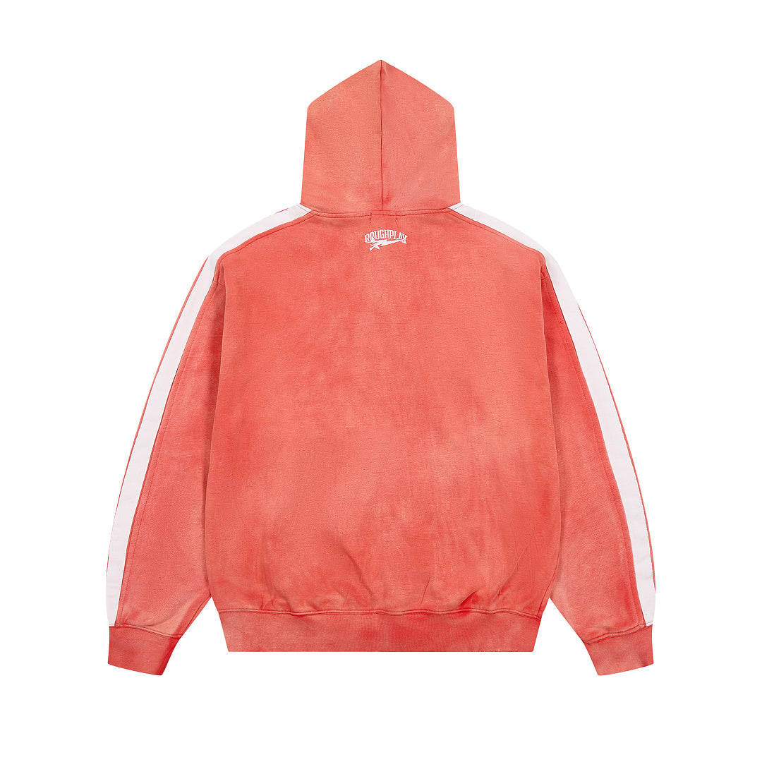Red Washed Side Stripe Gothic Letter DUAA Zip‑Up Hoodie