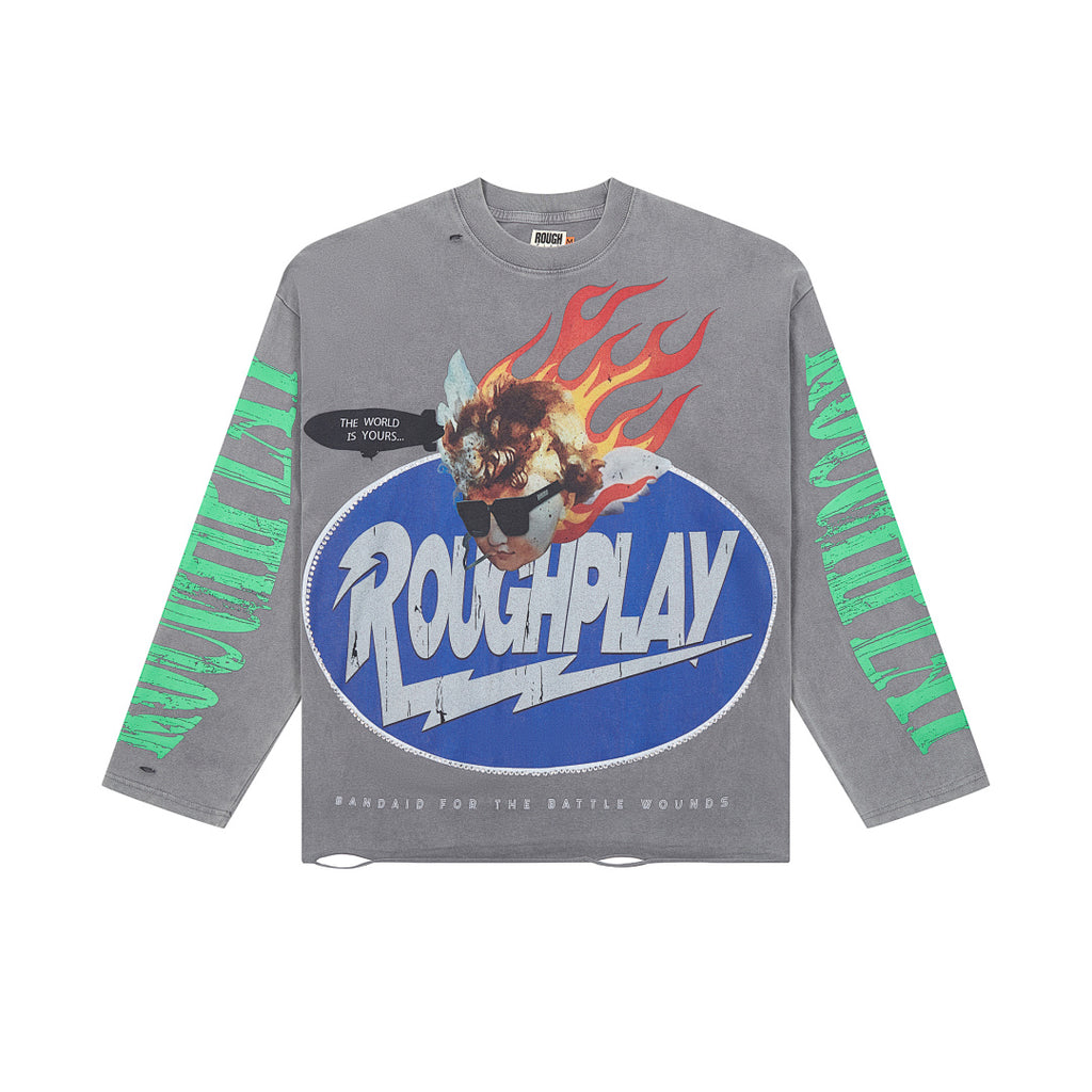 Roughplay Grey Flame Badge Graphic Long Sleeve Tee Men Oversized Streetwear Top