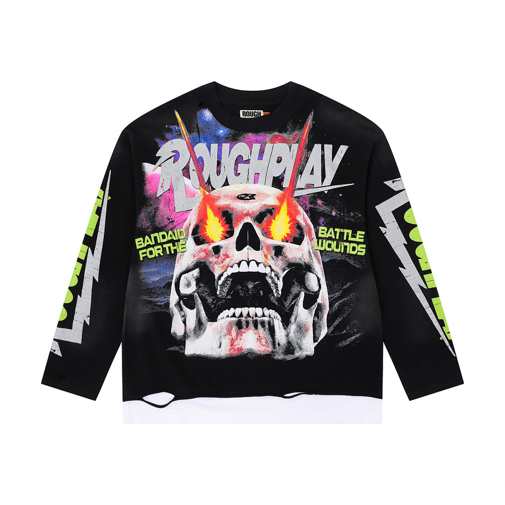 Roughplay Fire Skull Graphic Long Sleeve Tee Men Oversized Streetwear Top