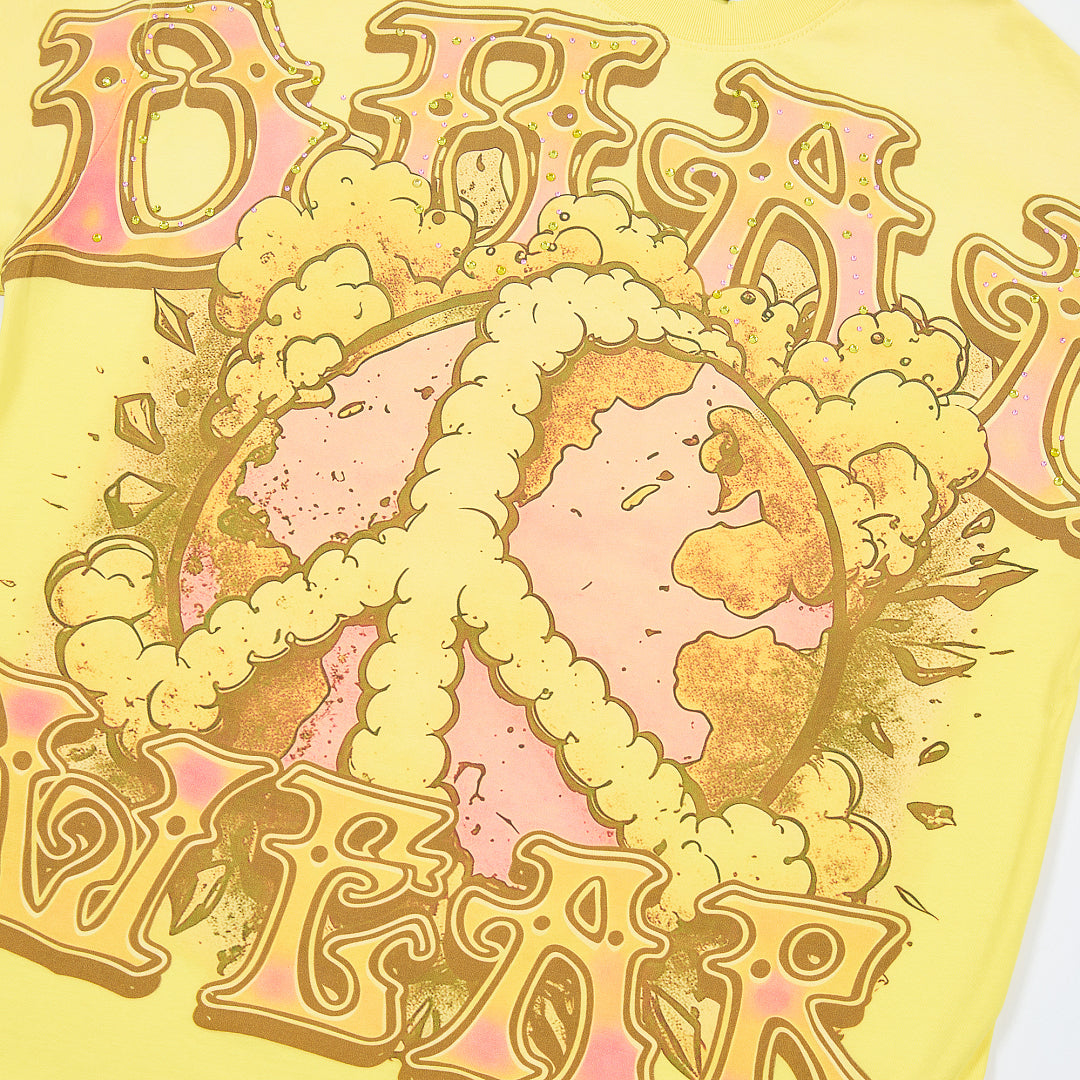Yellow Vintage Peace Symbol Globe Graphic Oversized T‑Shirt