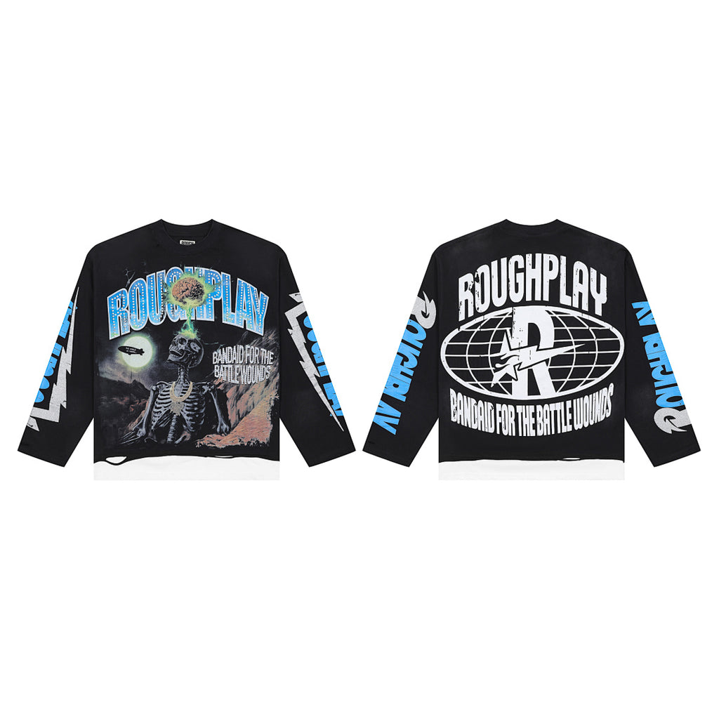 Roughplay Skeleton Retro Graphic Long Sleeve Tee Men Oversized Streetwear Top