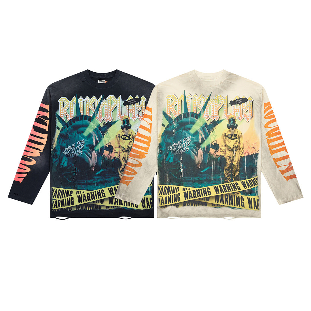 Vintage Washed Statue Of Liberty Graphic Long Sleeve Tee Roughplay Streetwear Oversized T‑Shirt