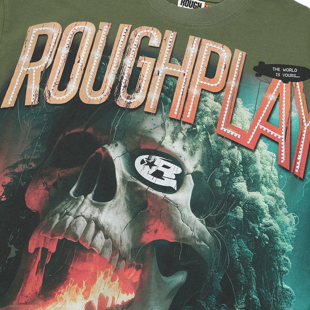 Roughplay Olive Green Skull Graphic Short Sleeve Tee Men Oversized Streetwear T‑Shirt