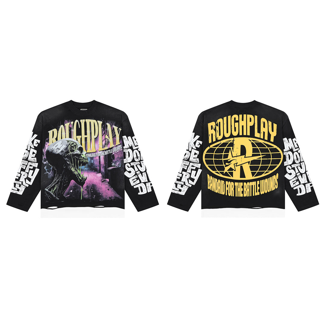 Roughplay Alien Monster Graphic Long Sleeve Tee Men Oversized Streetwear Top