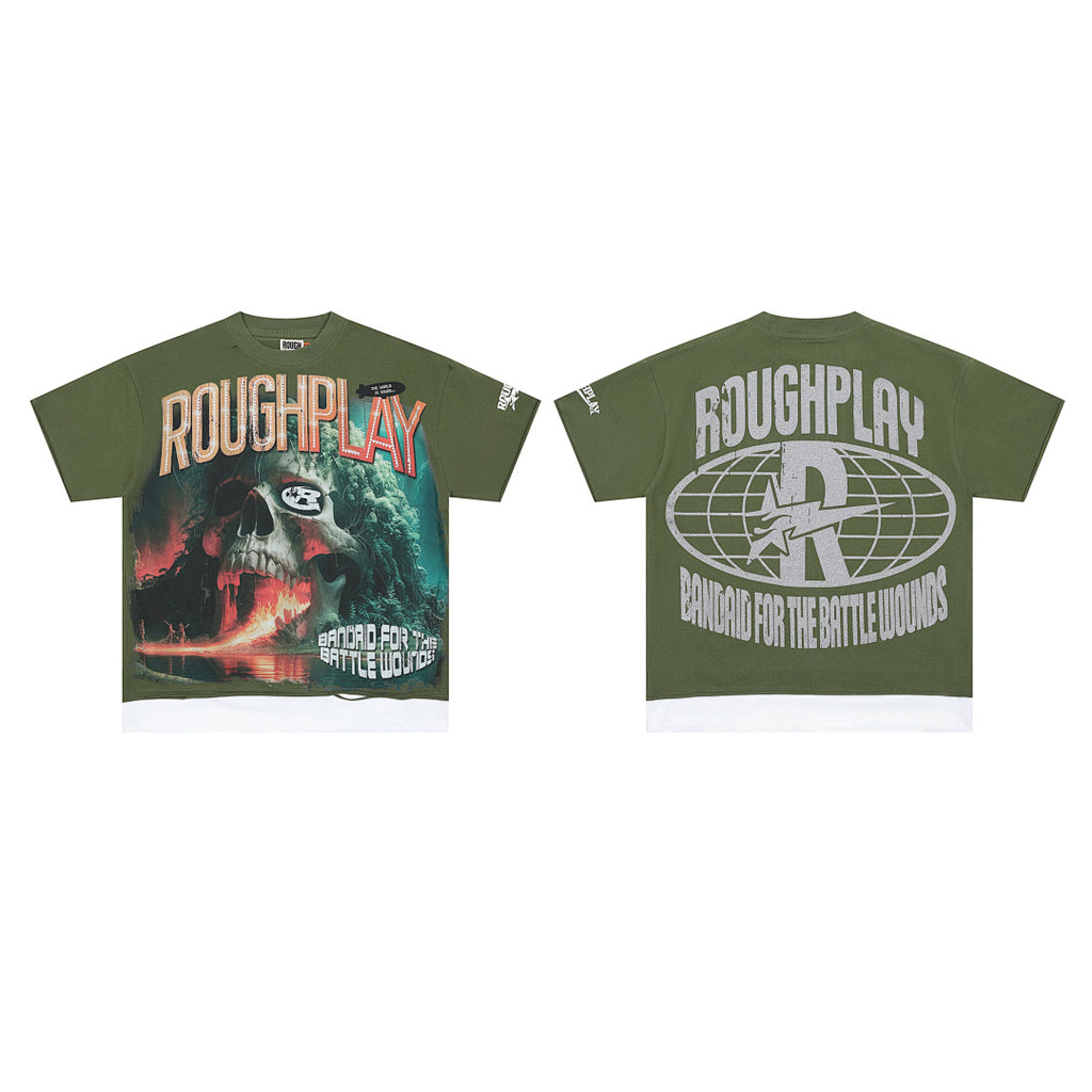 Roughplay Olive Green Skull Graphic Short Sleeve Tee Men Oversized Streetwear T‑Shirt