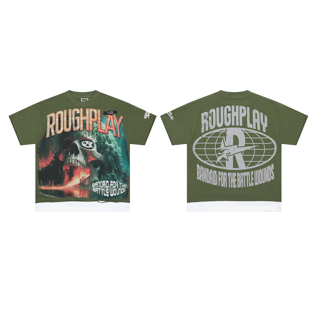 Roughplay Olive Green Skull Graphic Short Sleeve Tee Men Oversized Streetwear T‑Shirt