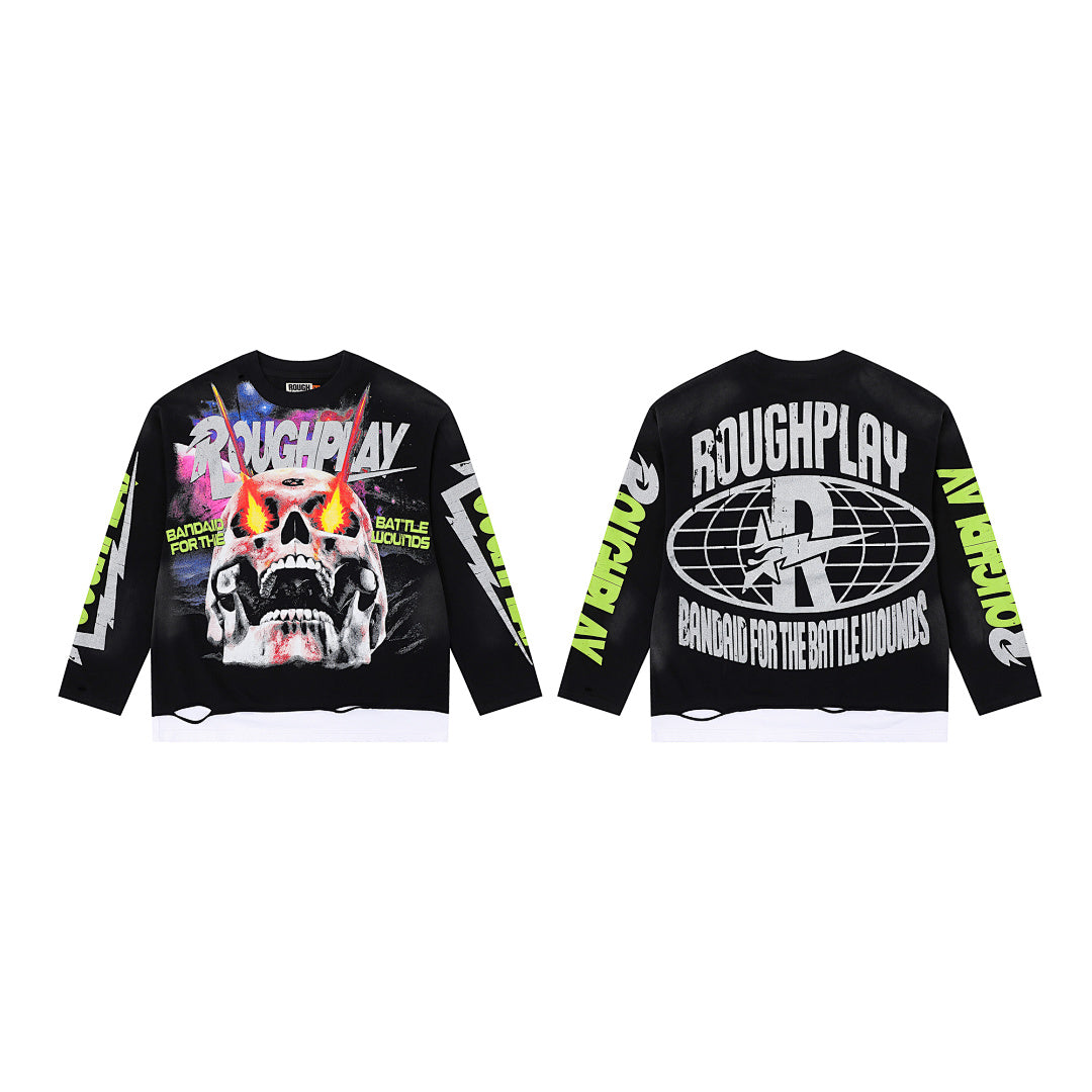 Roughplay Fire Skull Graphic Long Sleeve Tee Men Oversized Streetwear Top