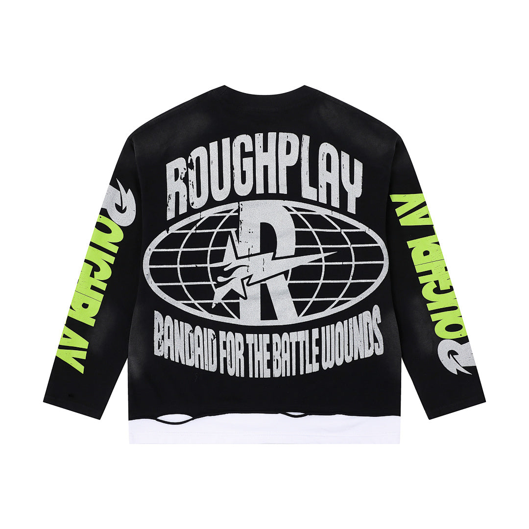 Roughplay Fire Skull Graphic Long Sleeve Tee Men Oversized Streetwear Top