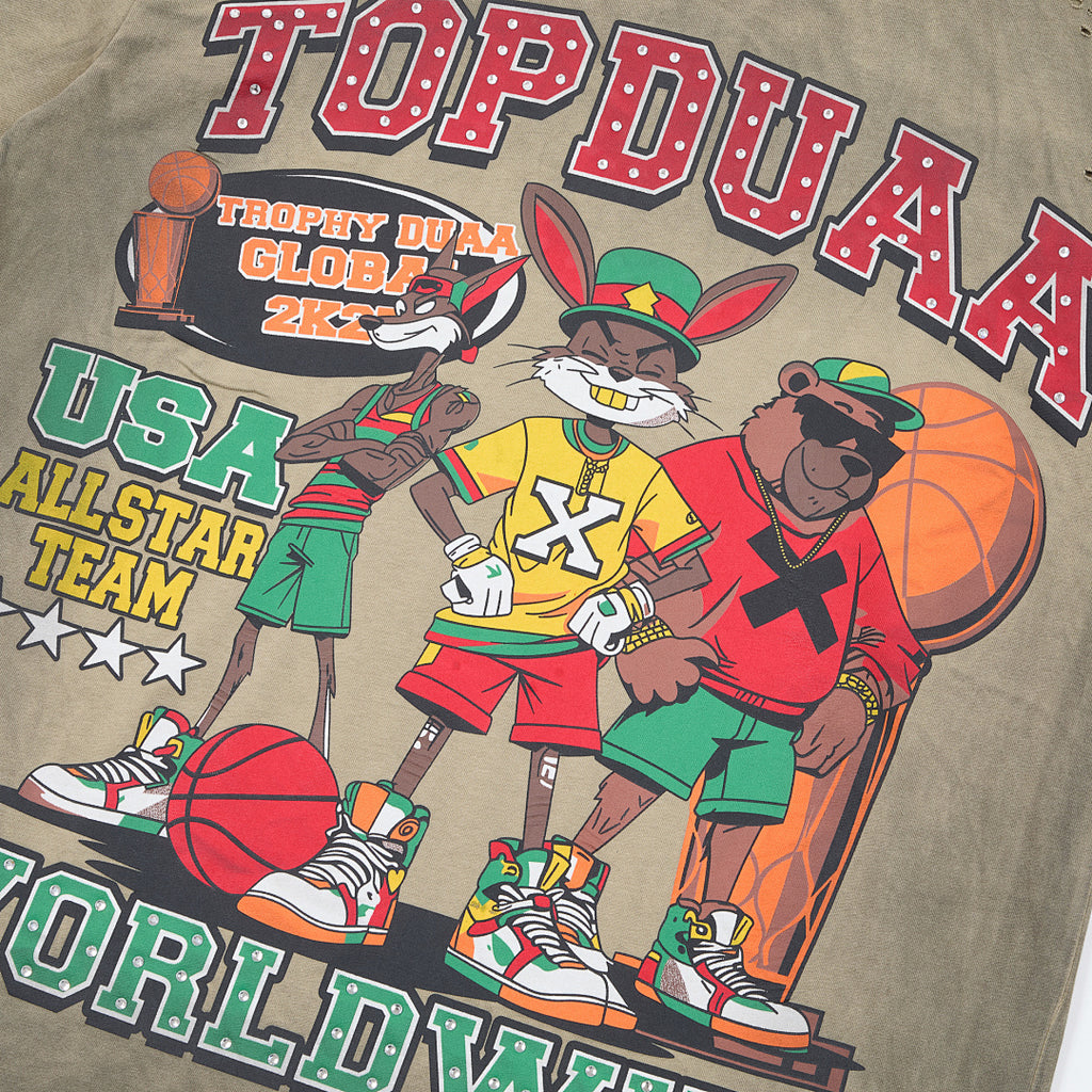 Olive Washed Cartoon Basketball DUAA Double‑Sided Graphic Oversized T‑Shirt