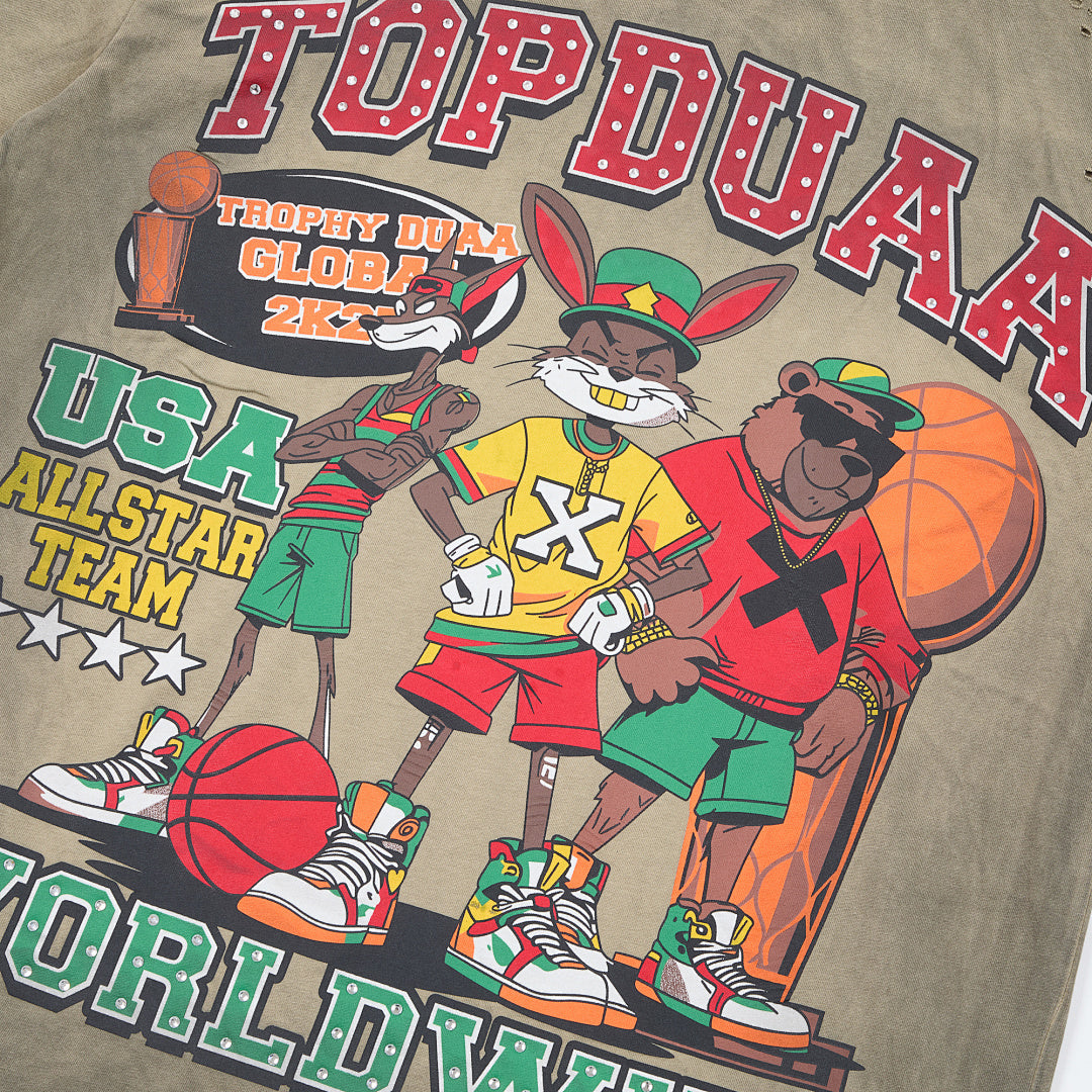 Olive Washed Cartoon Basketball DUAA Double‑Sided Graphic Oversized T‑Shirt