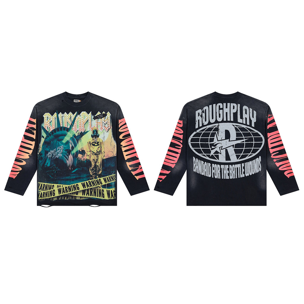 Vintage Washed Statue Of Liberty Graphic Long Sleeve Tee Roughplay Streetwear Oversized T‑Shirt