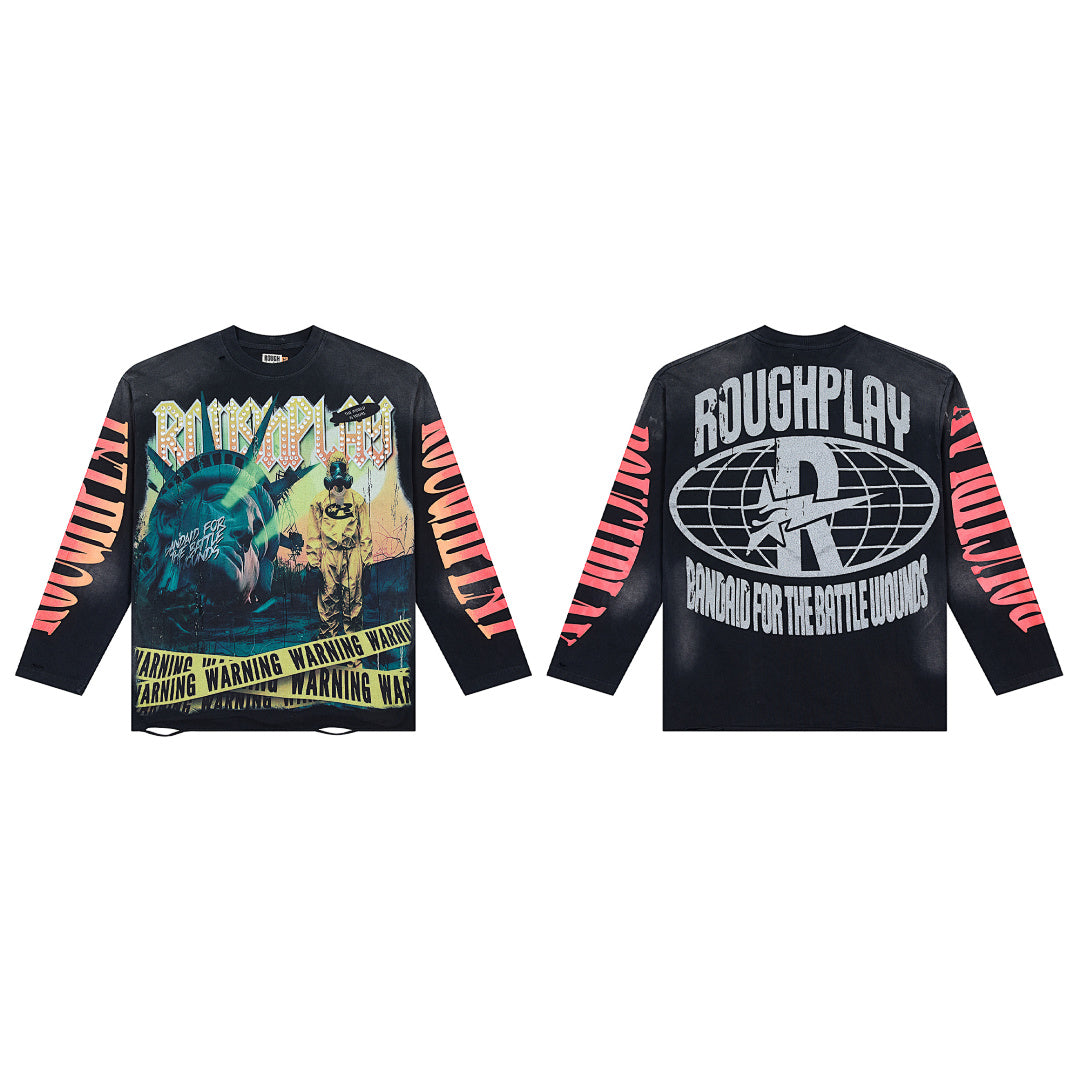 Vintage Washed Statue Of Liberty Graphic Long Sleeve Tee Roughplay Streetwear Oversized T‑Shirt