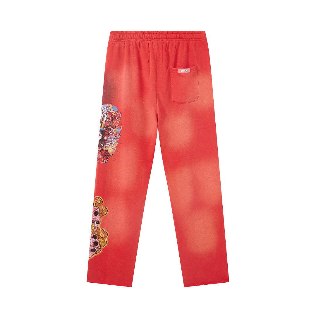 Red Vintage Wash Flame Letter Graphic Wide‑Leg Sweatpants