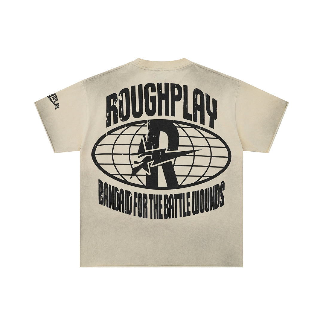 Roughplay Vintage Washed Portrait Graphic Short Sleeve Tee Men Oversized Streetwear T‑Shirt