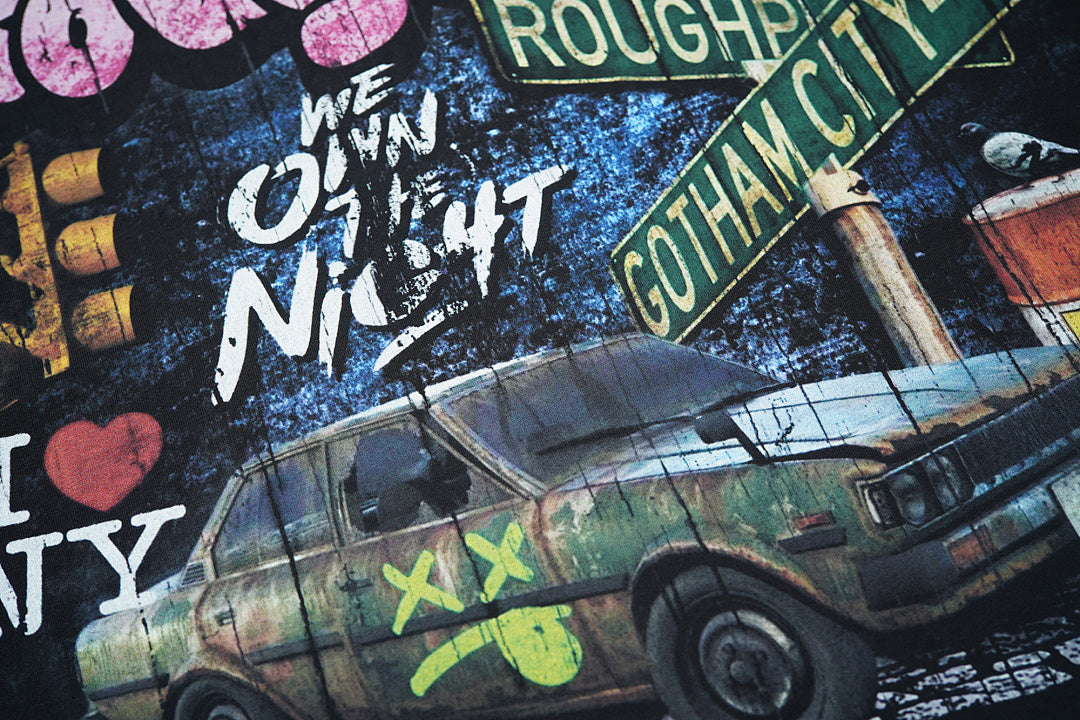 Vintage Washed Black Night Street Racing Car Graphic Oversized T‑Shirt