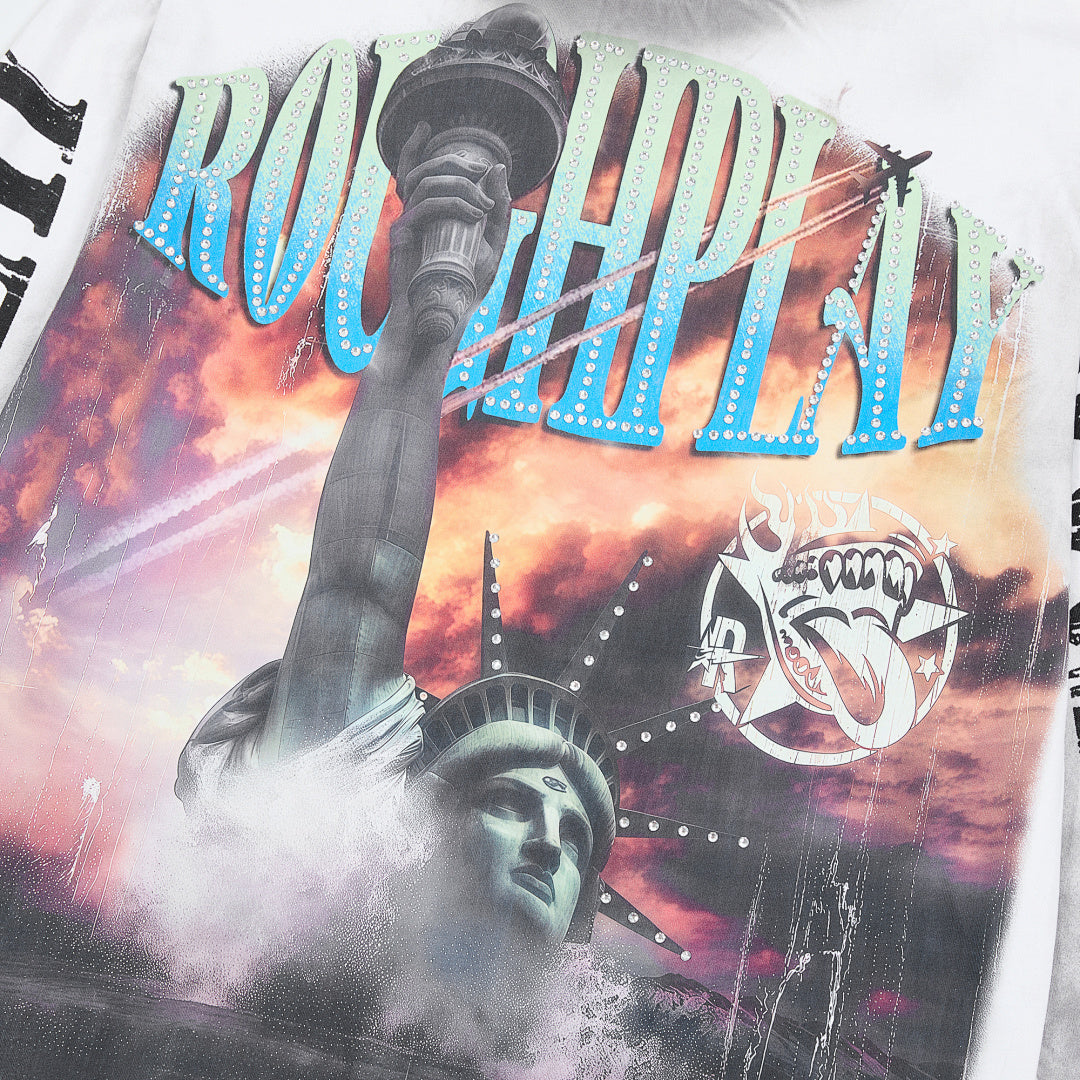 Washed White Statue Of Liberty Graphic Long Sleeve Tee Roughplay Oversized Streetwear T‑Shirt