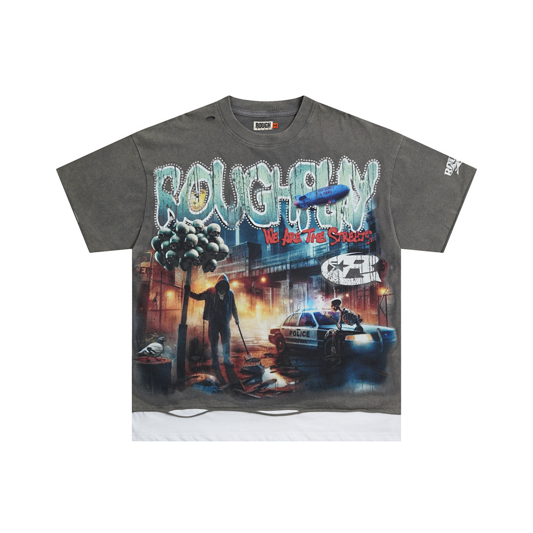 Vintage Washed Grey Skull Slogan Graphic Oversized T‑Shirt